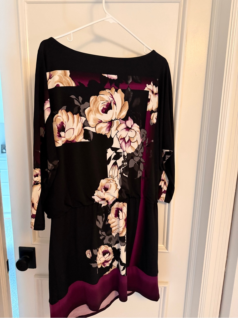 White House Black Market Black Floral Long-Sleeve Dress with Plum Trim - Picture 2 of 5